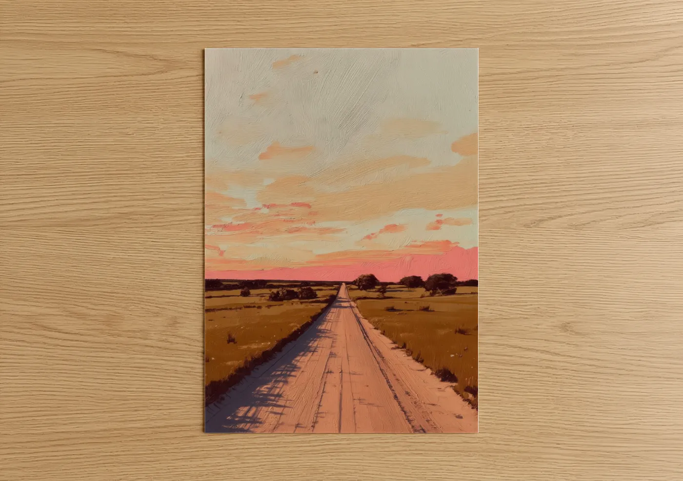 Various landscapes art print on warm oak wood — salmon pink and gold palette — Desert Highway Sunset poster