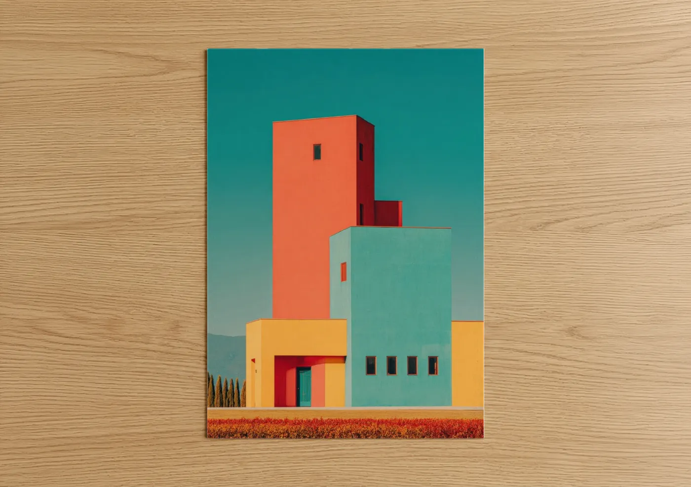 Art print on warm oak wood — turquoise and orange palette — Colorful Geometric Towers poster