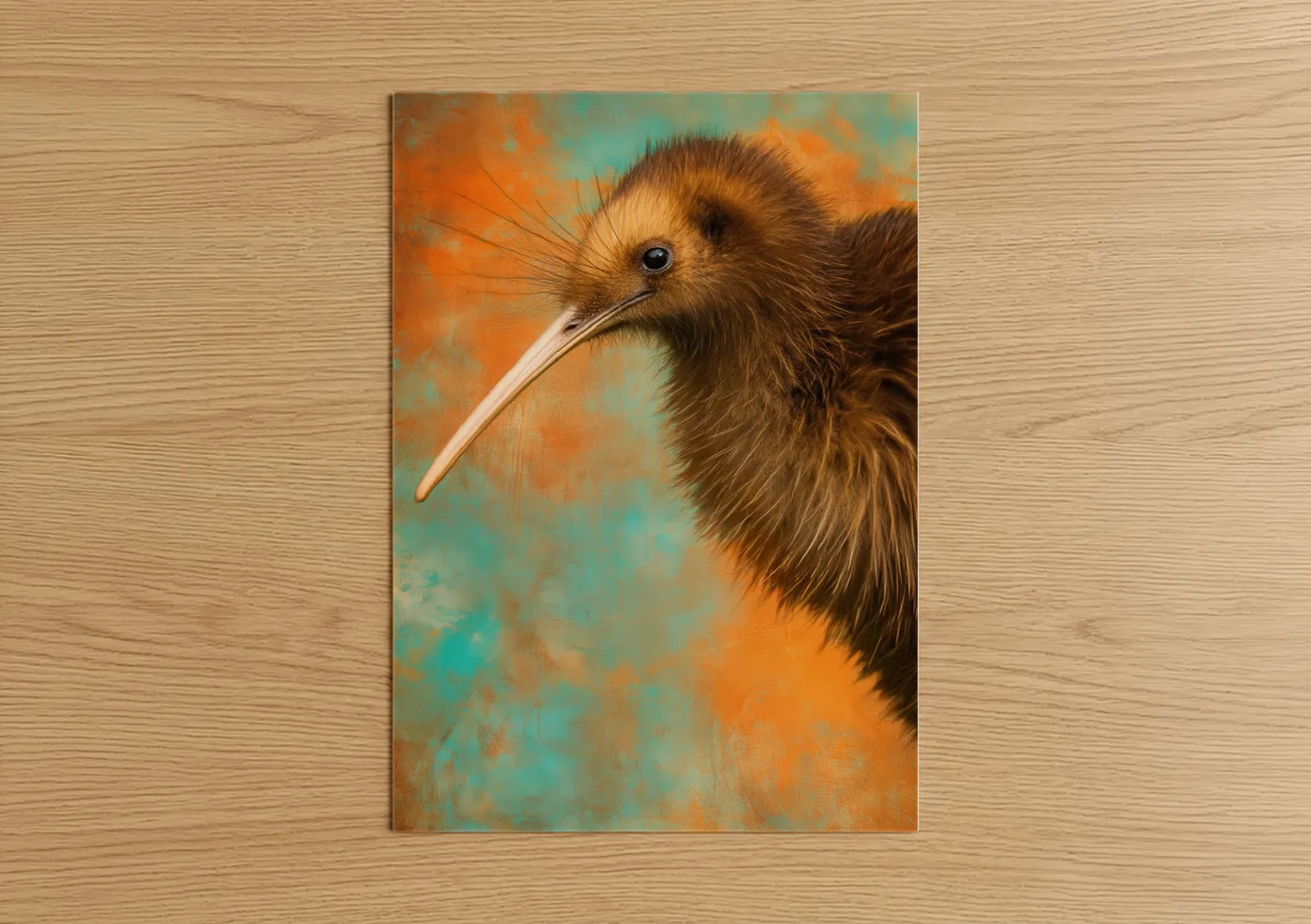 Art print on warm oak wood — orange and teal palette — Russet Kiwi Portrait poster