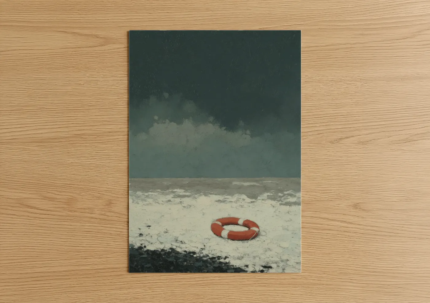 Red Life Ring Stormy Beach Seascape Wall Art