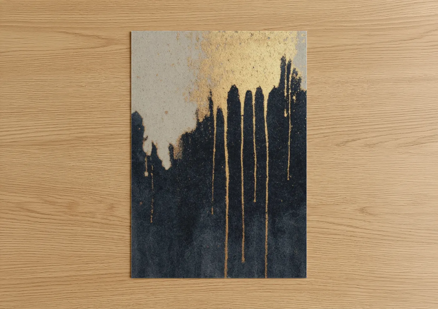 Pottery art print on warm oak wood — gold and black palette — Ceramic Landscape poster