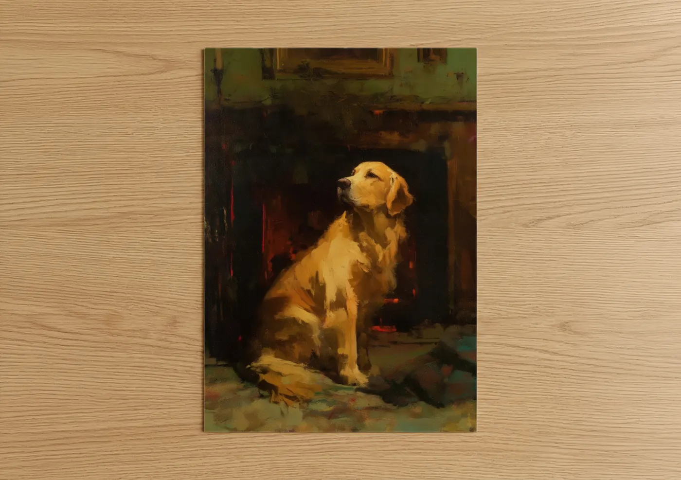 Golden Retriever By Fireplace Painting Wall Art