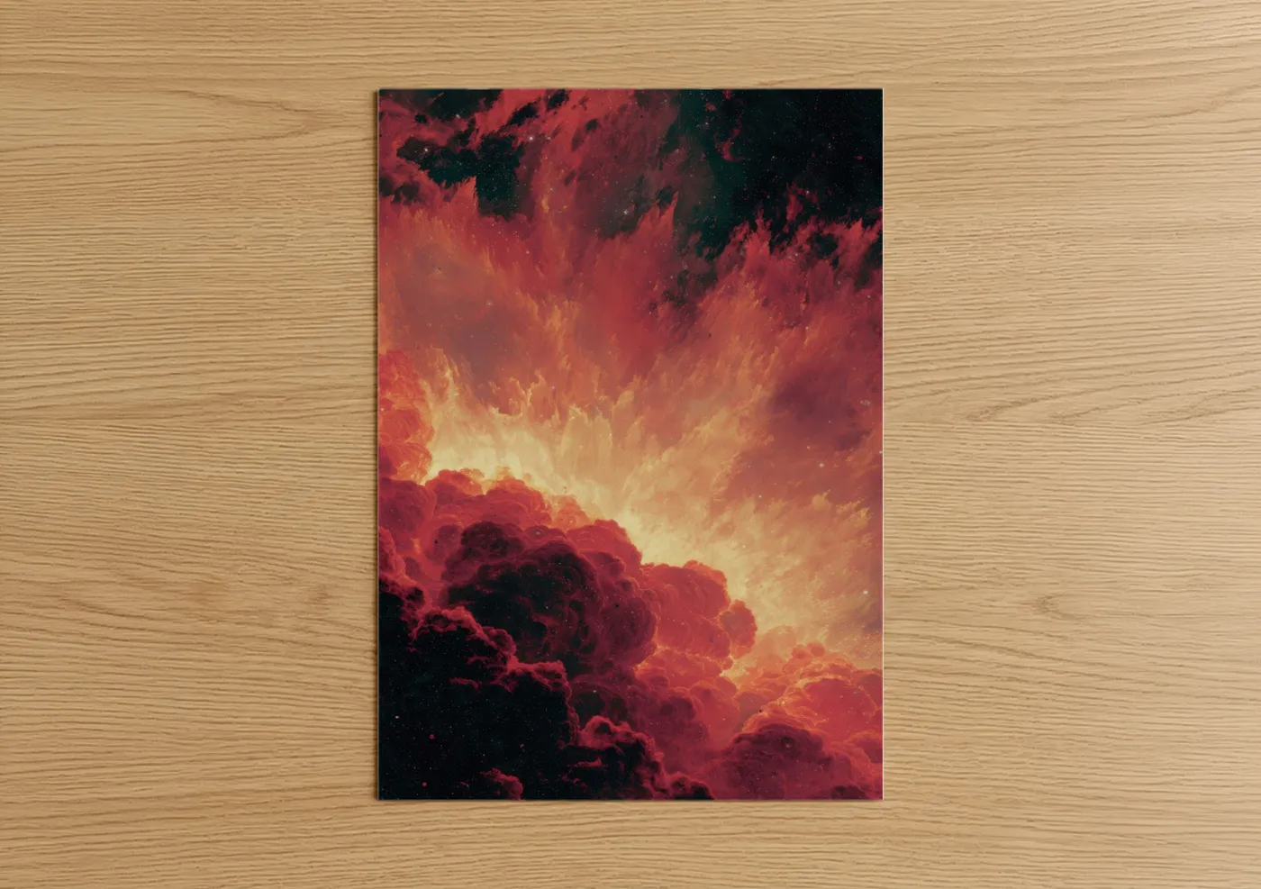 Art print on warm oak wood — red and black and gold palette — Crimson Supernova poster