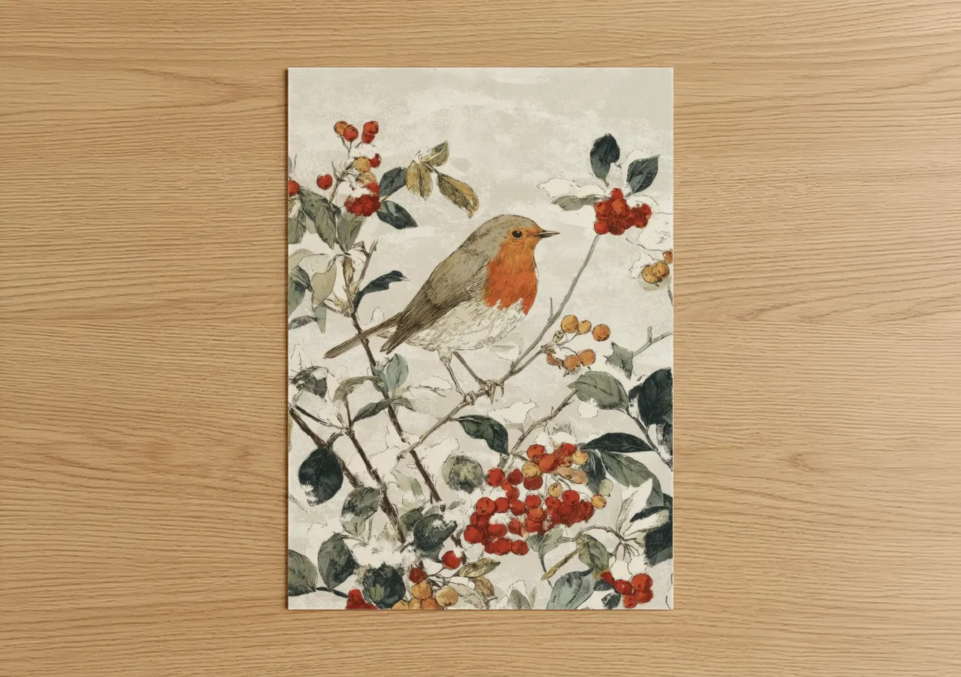 Winter Robin with Red Berries Illustration Wall Art