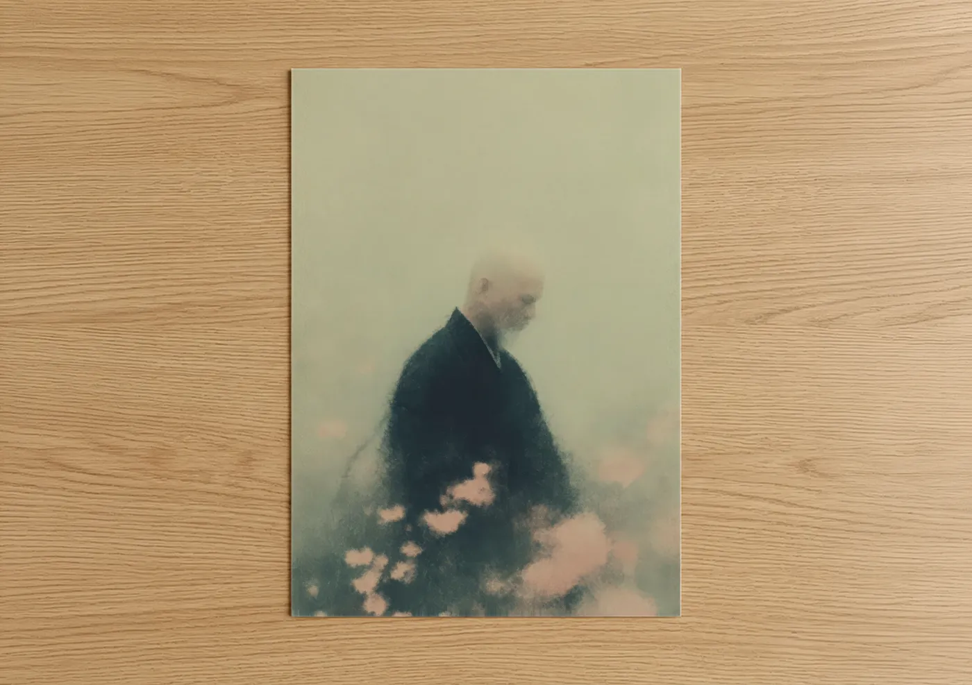 Art print on warm oak wood — beige and dark blue palette — Misty Aikido poster