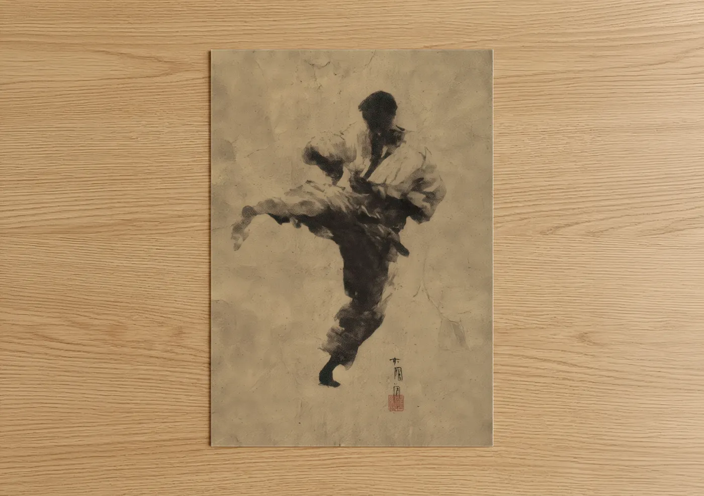 Kick boxing art print on warm oak wood — black and white and nobel palette — Dynamic Kick Warrior poster
