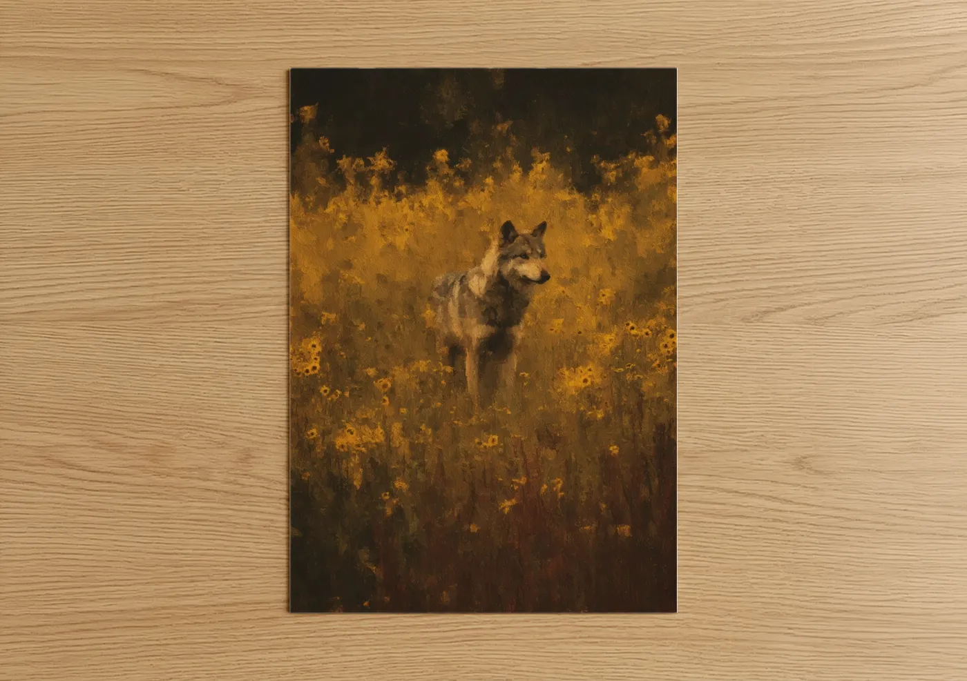 Art print on warm oak wood — gold and brown palette — Golden Wolf poster