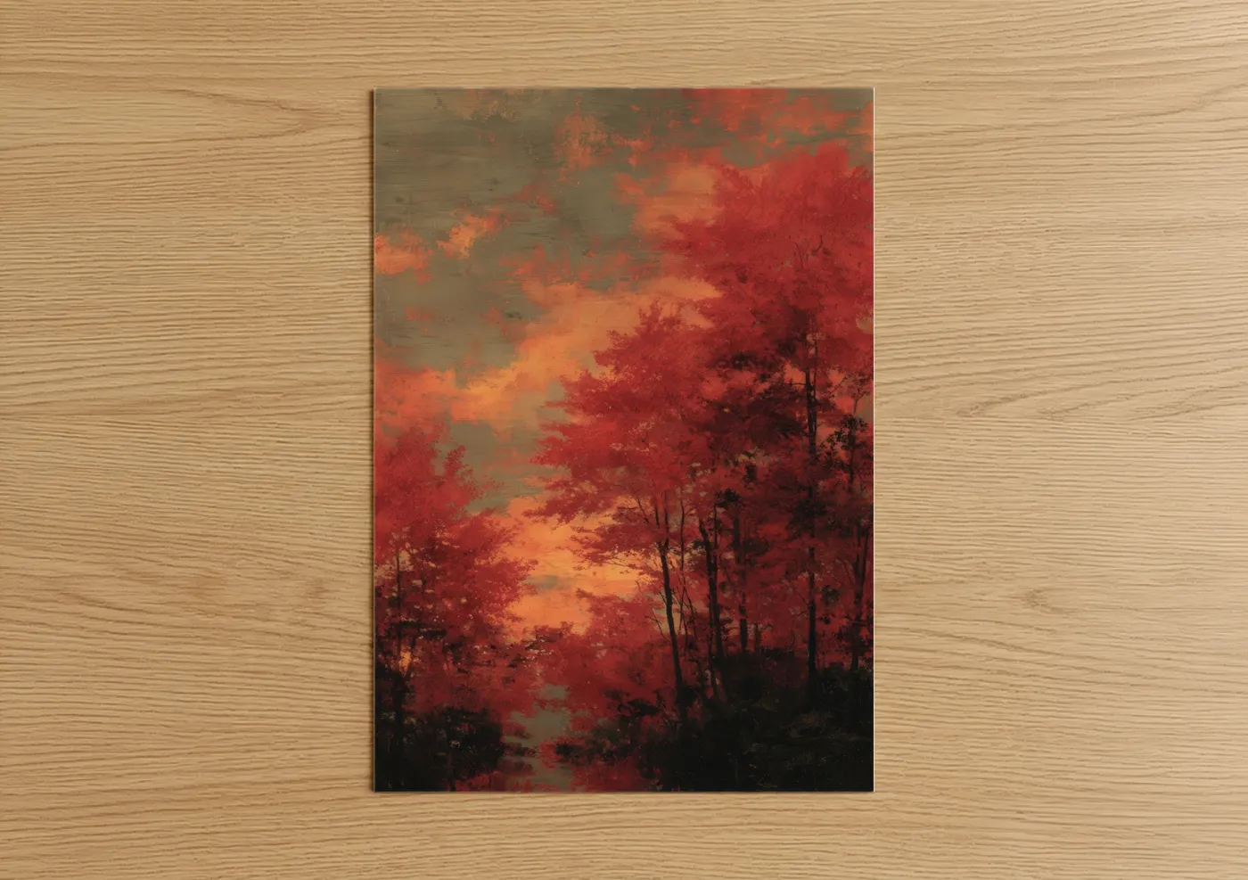 Art print on warm oak wood — red and gold palette — Crimson Maple Forest poster