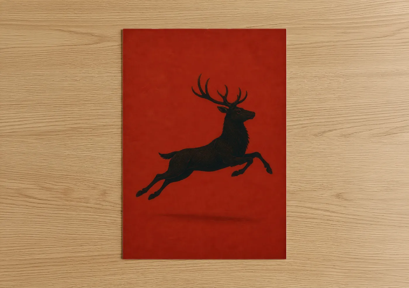 Deer art print on warm oak wood — red and black and red palette — Leaping Elk Silhouette Wall Art poster