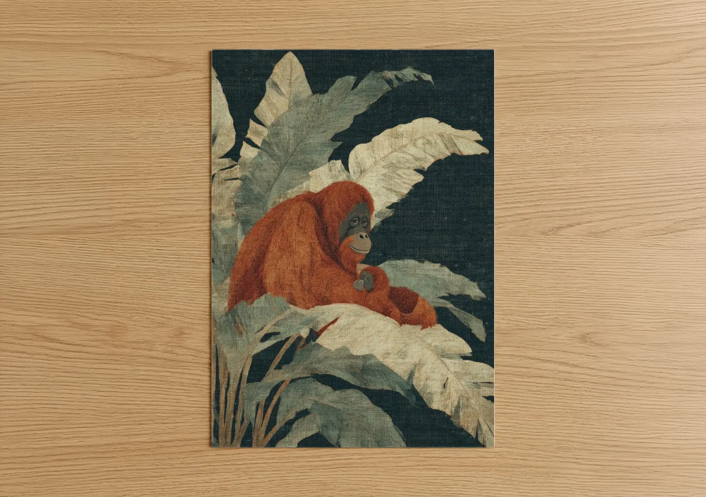 Art print on warm oak wood — russet and dove gray palette — Leafy Orangutan poster