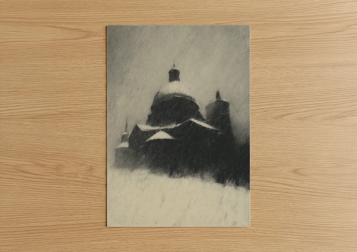 Saint paul's cathedral art print on warm oak wood — gray and black and white palette — Misty Cathedral poster