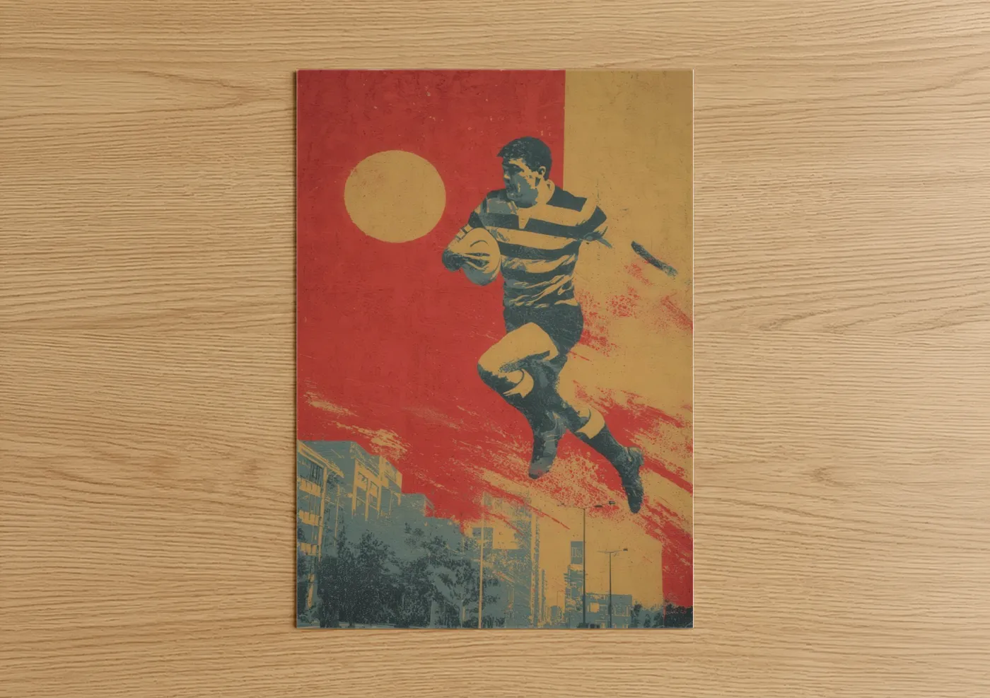 Art print on warm oak wood — red and gold palette — Vintage Rugby Player poster