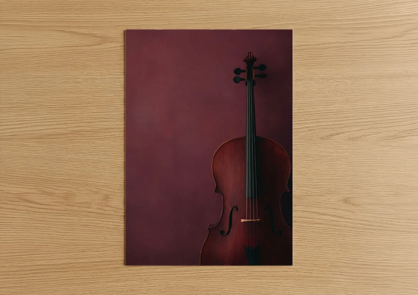 Art print on warm oak wood — maroon and brown palette — Crimson Cello poster