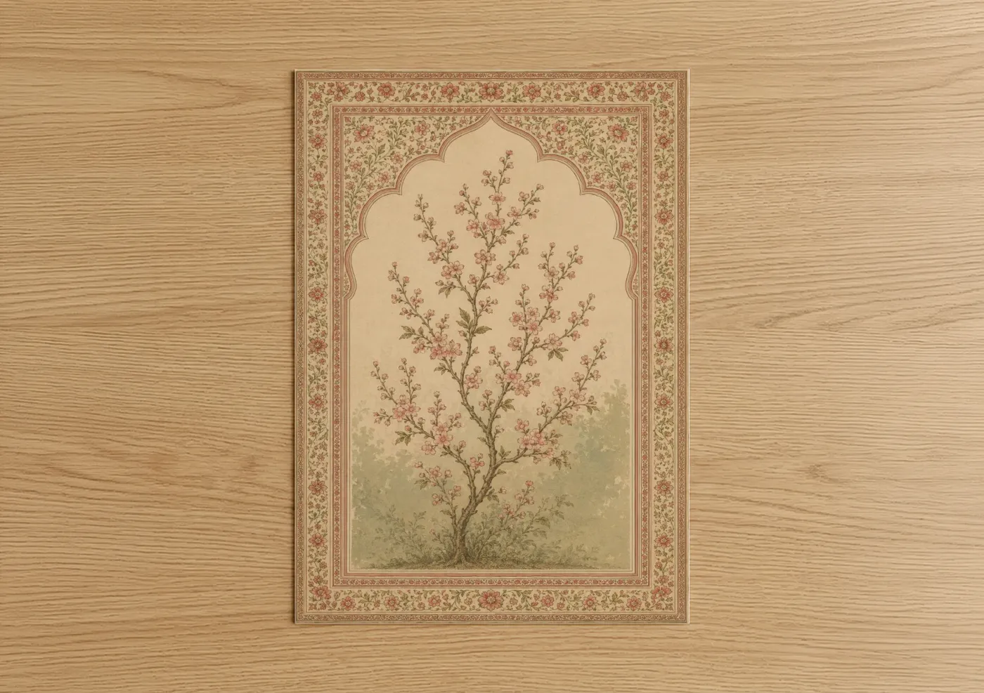 Flower art print on warm oak wood — peach and beige palette — Cherry Blossom Tree Ornate Wall Art poster
