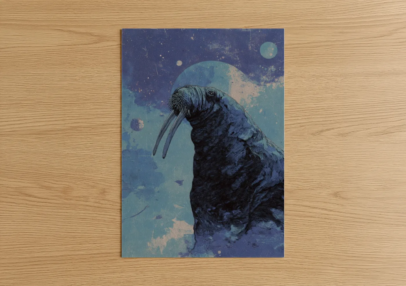 Art print on warm oak wood — blue and teal palette — Cosmic Walrus poster