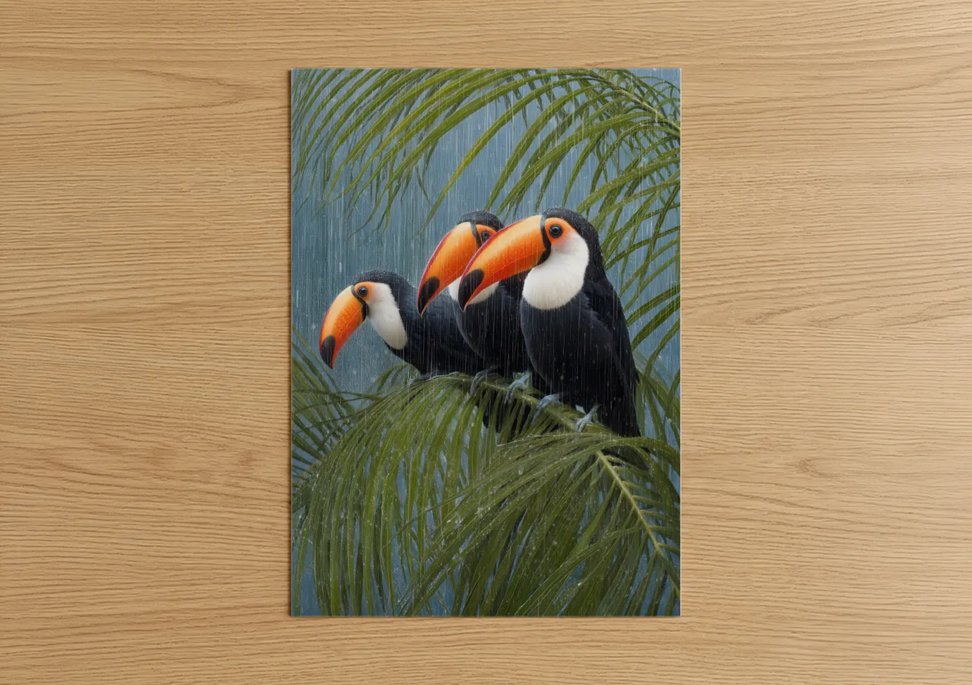 Art print on warm oak wood — blue and orange palette — Tropical Toucan Trio poster