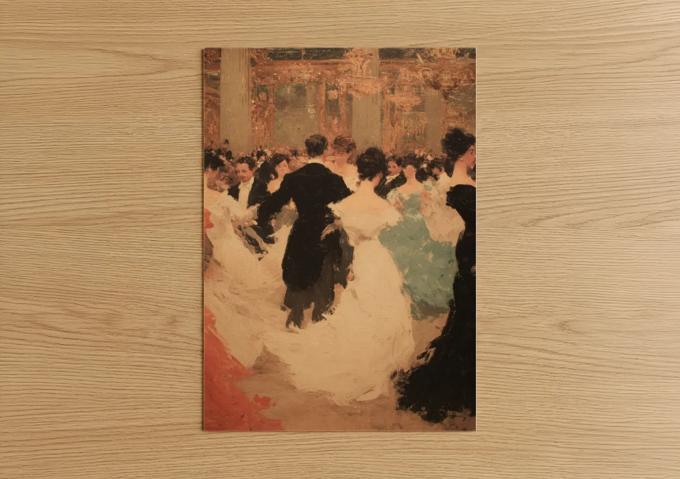 Ballroom dance art print on warm oak wood — gold and cream palette — Elegant Ballroom poster