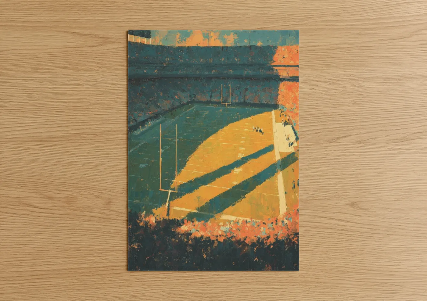 Stadiums and fields art print on warm oak wood — teal and orange palette — Golden Stadium Light poster