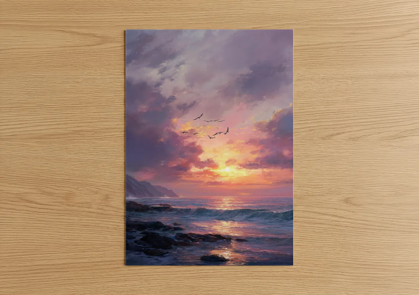 Art print on warm oak wood — gold and pink palette — Golden Coastal Sunset poster