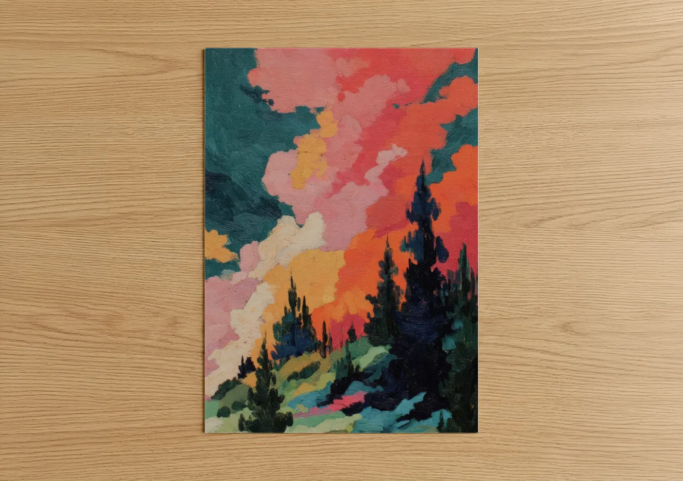 Northern lights art print on warm oak wood — red and teal palette — Crimson Aurora poster