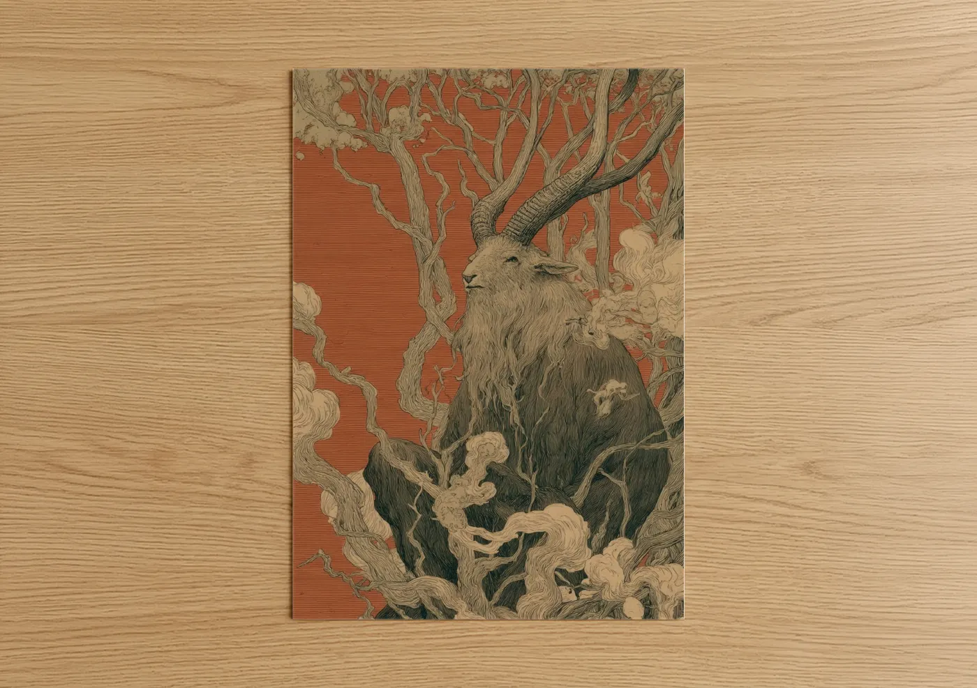Wiccan art print on warm oak wood — cream palette — Mystical Goat poster