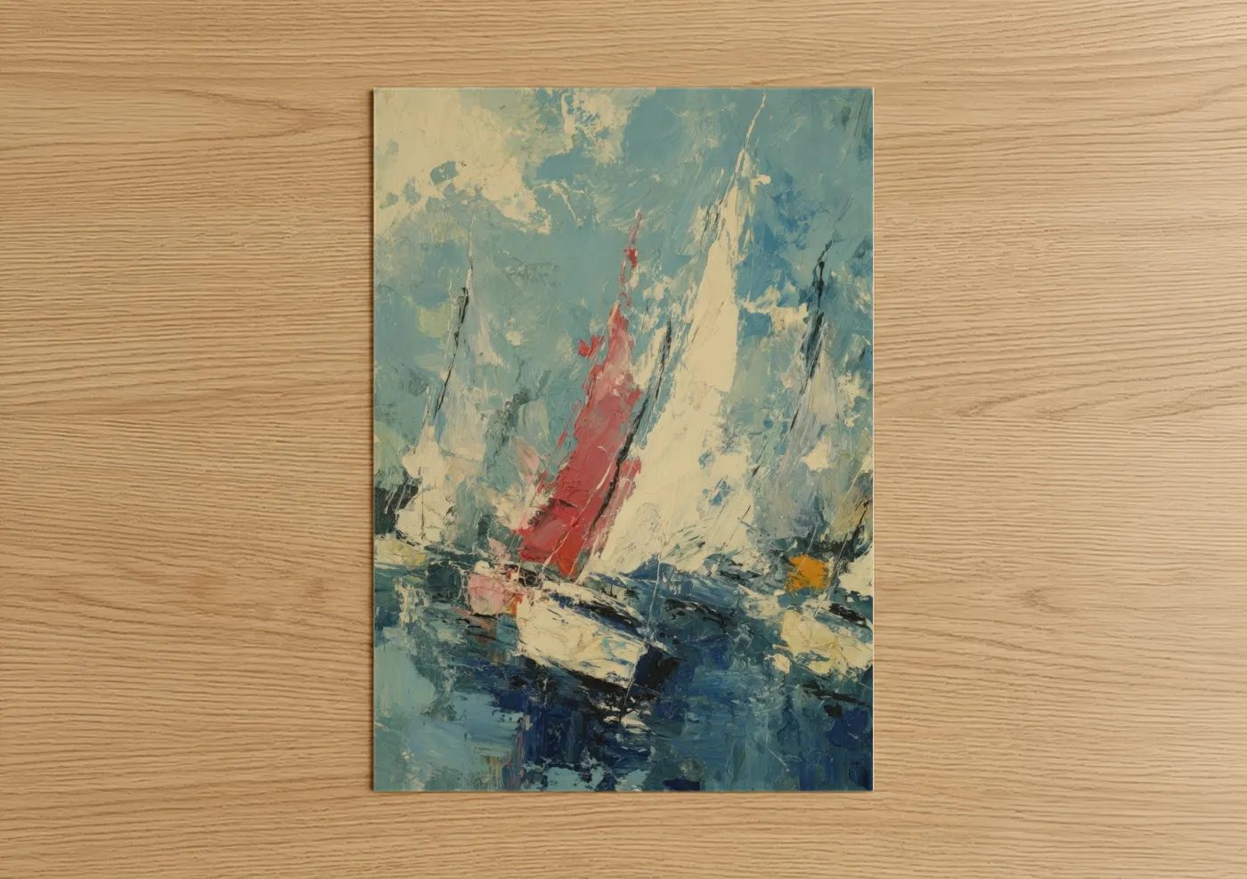 Sailing ship art print on warm oak wood — blue and cream palette — Red Sail Seascape poster