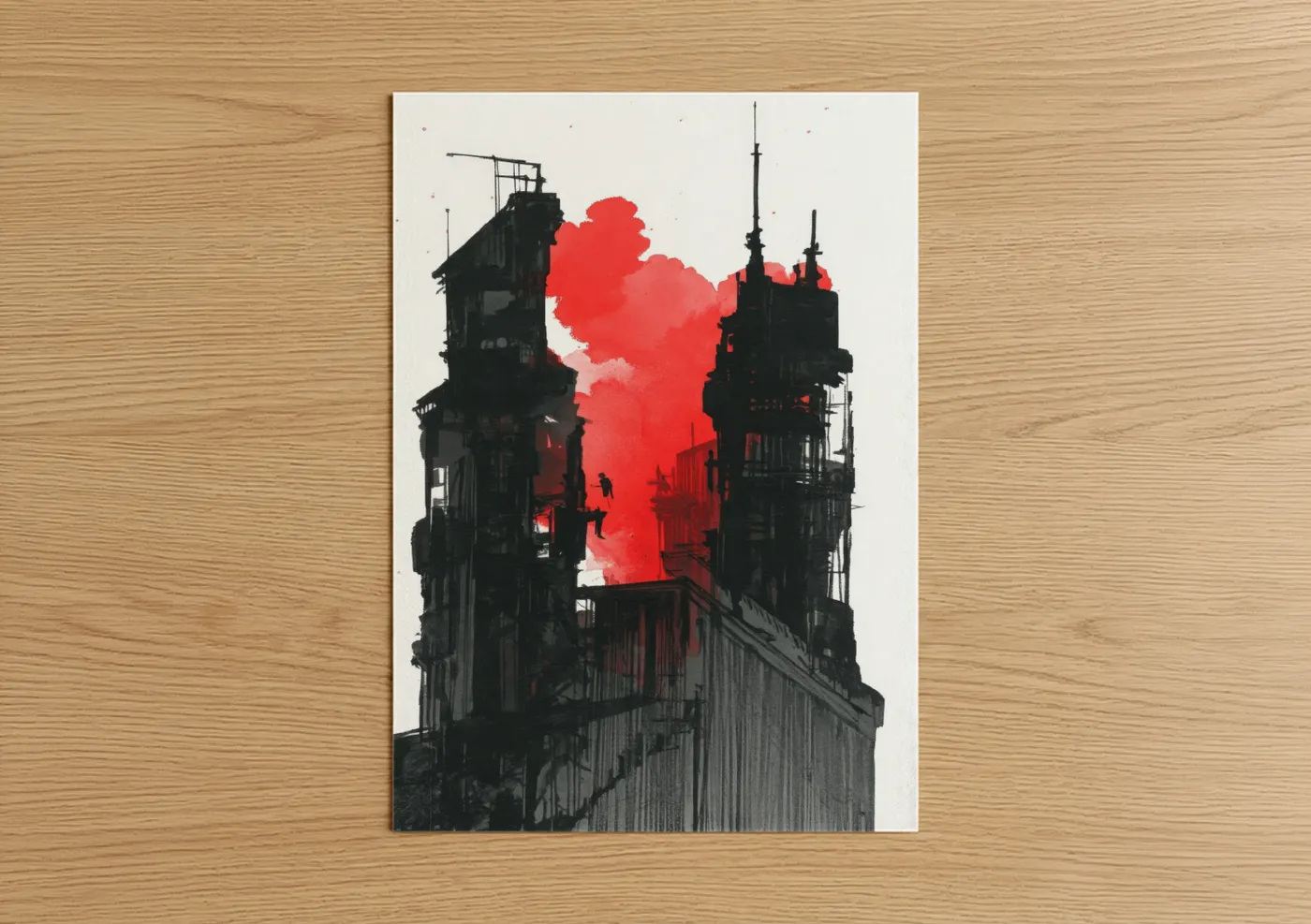 Abstract architecture art print on warm oak wood — black and red and red palette — Industrial Crimson poster
