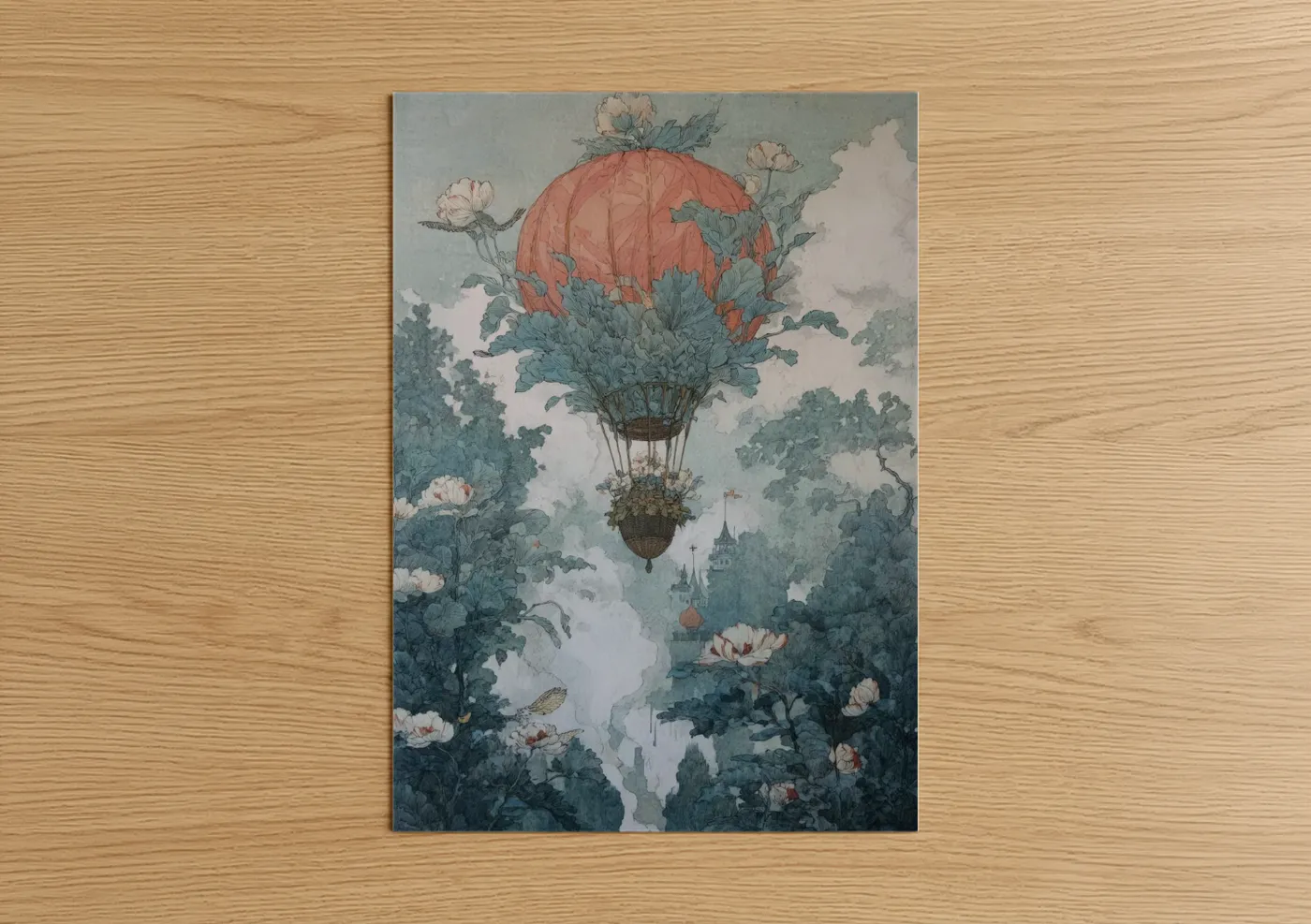 Hot Air Balloon Vintage Garden Illustration Wall Art