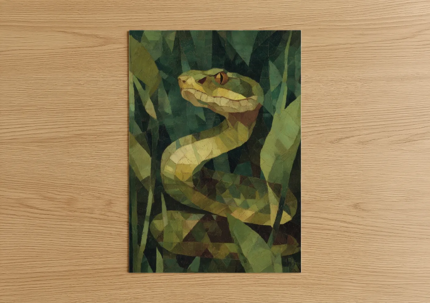 Art print on warm oak wood — olive and dark green palette — Garden Viper poster