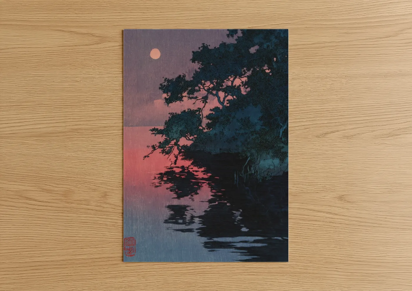 Art print on warm oak wood — rose gold and dark blue palette — Twilight Mangrove poster