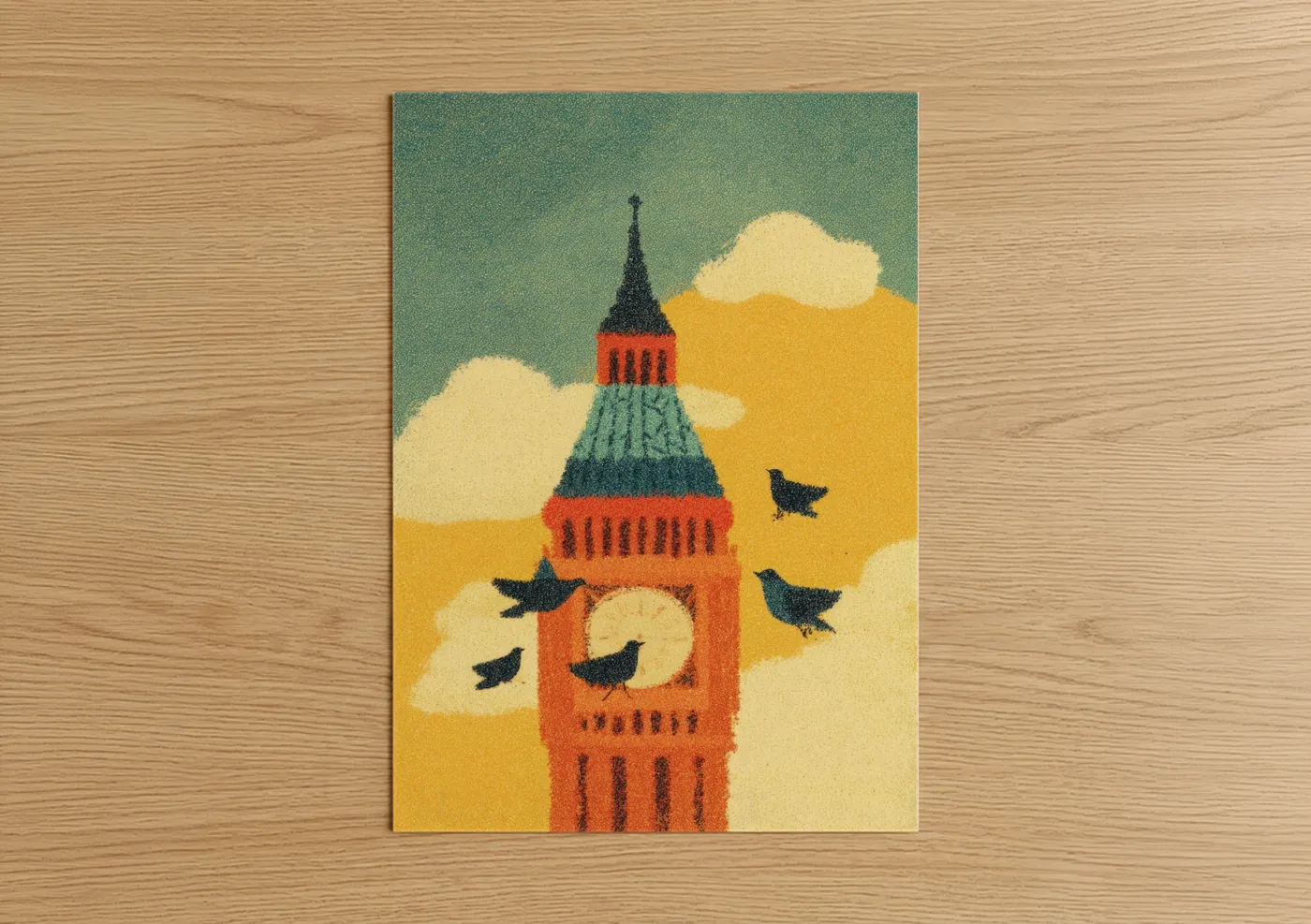 Art print on warm oak wood — yellow gold and teal palette — Golden Big Ben poster