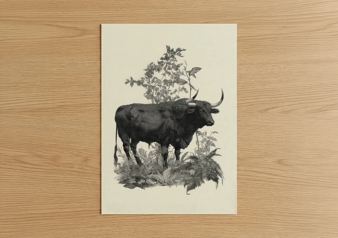 Art print on warm oak wood — black and white and cream palette — Garden Bull poster