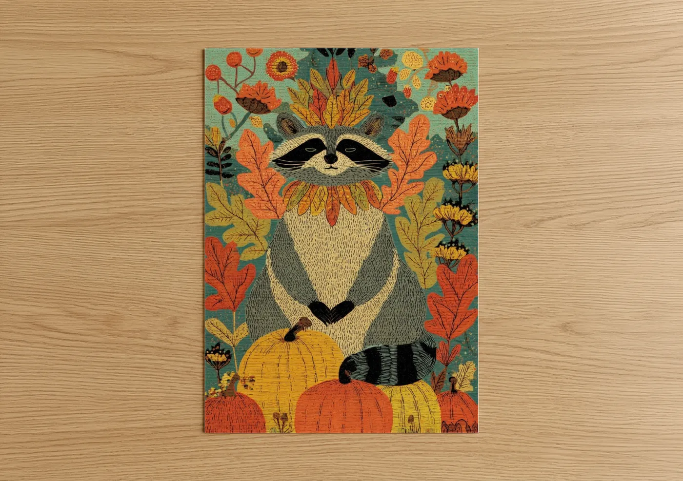 Autumn Raccoon With Pumpkins Illustration Wall Art