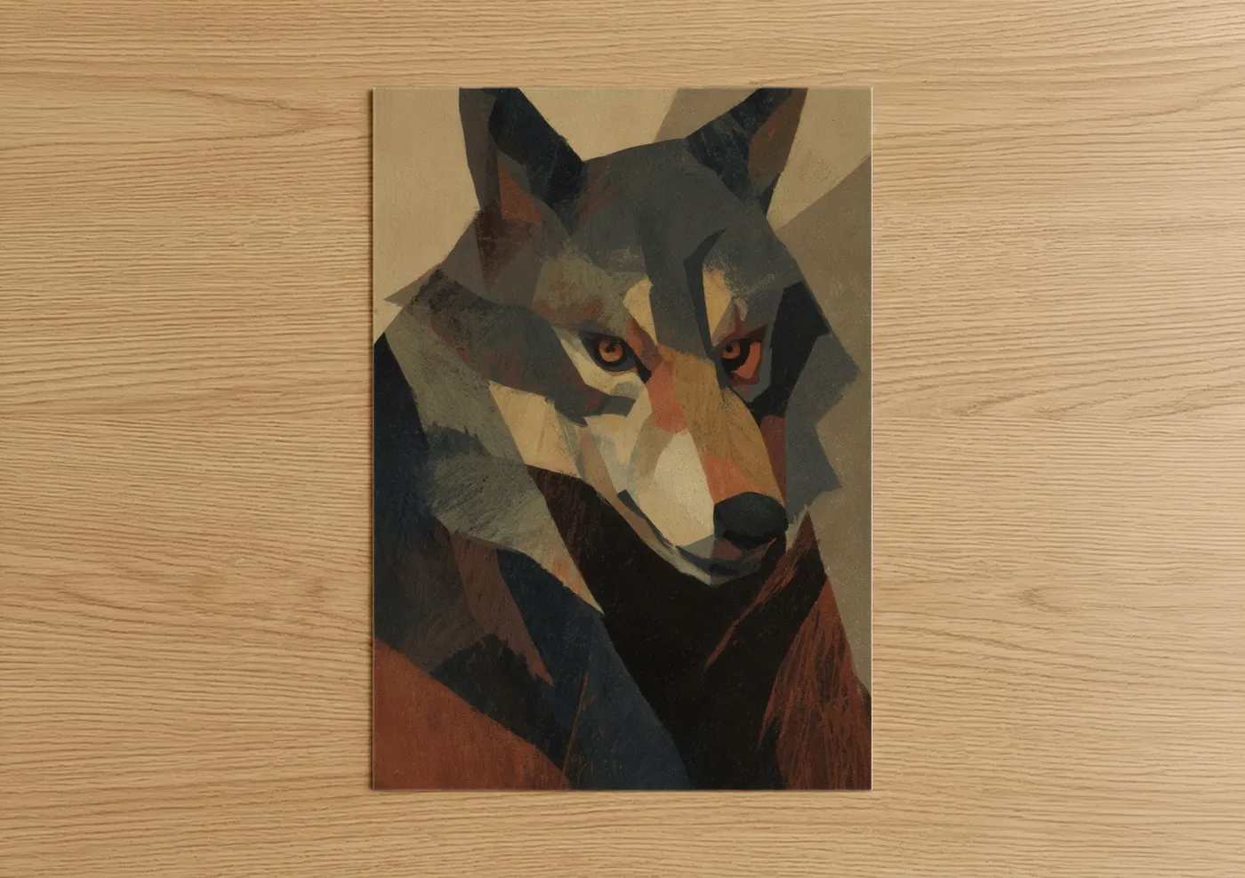 Art print on warm oak wood — brown and gold palette — Amber-Eyed Werewolf poster