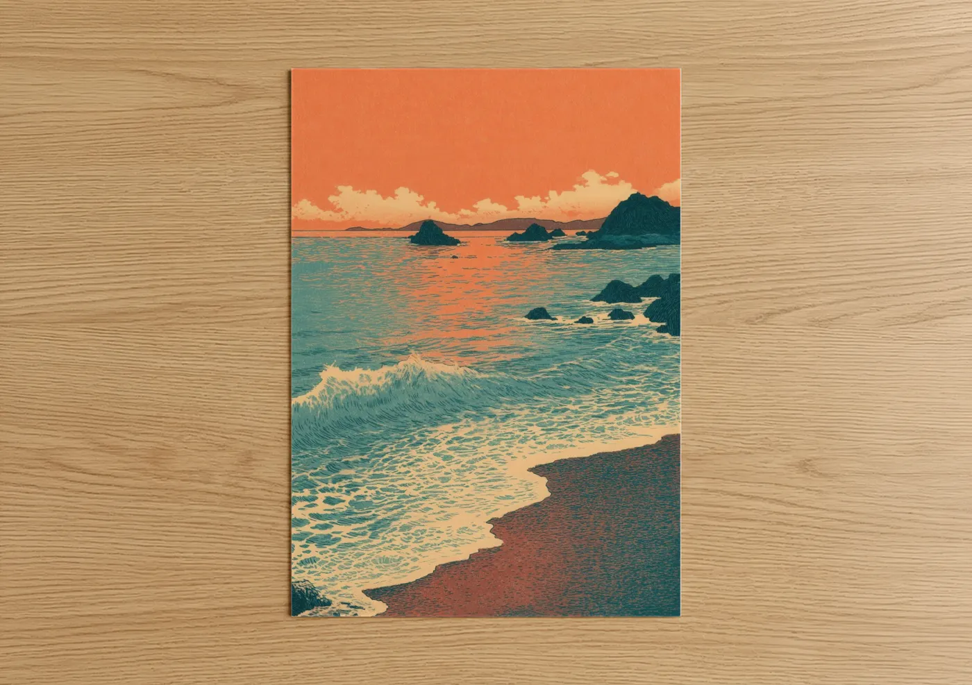 Art print on warm oak wood — orange and teal palette — Tropical Sunset Waves poster