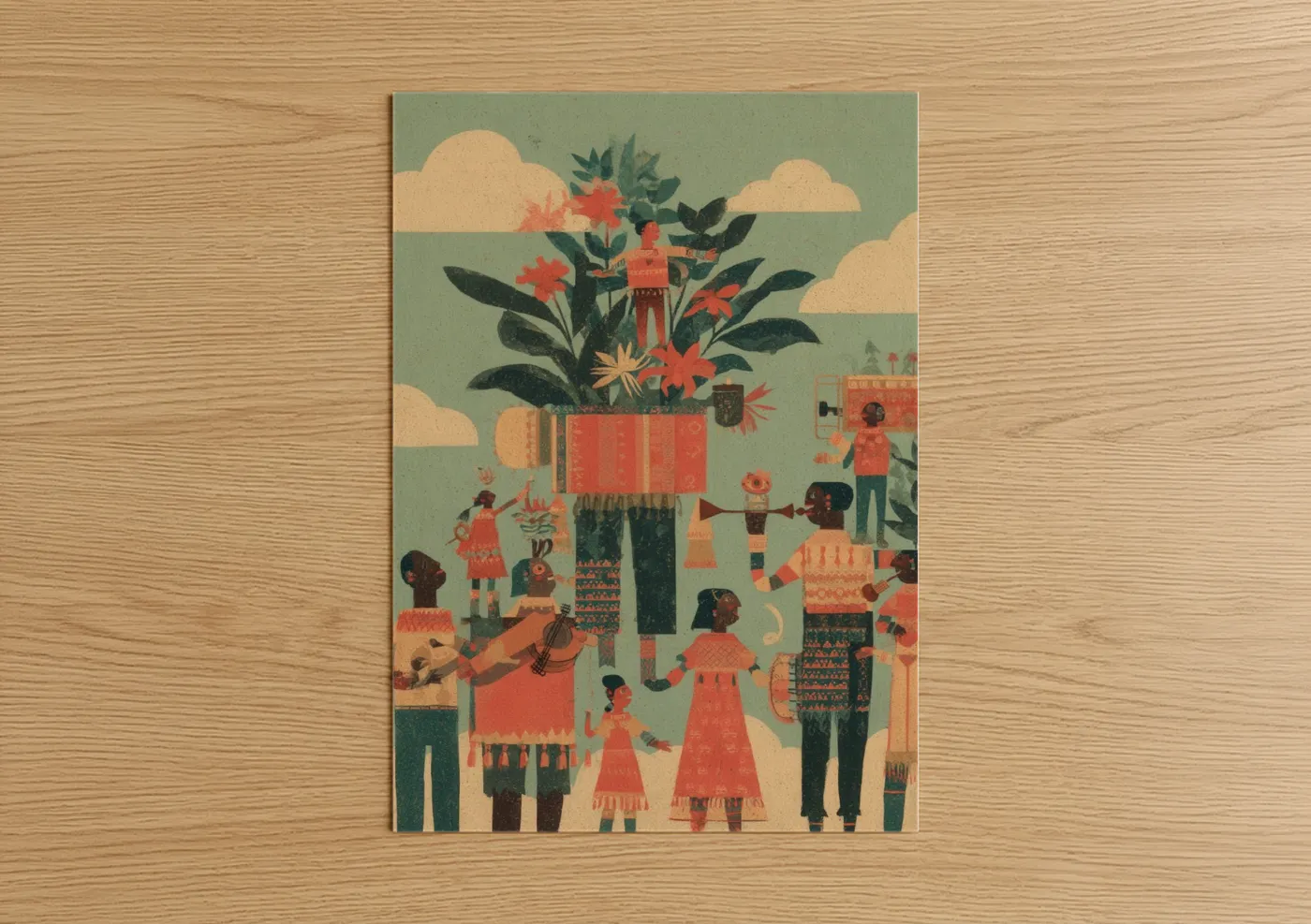 Cinco de mayo art print on warm oak wood — sage green and russet palette — Festive Community Garden poster