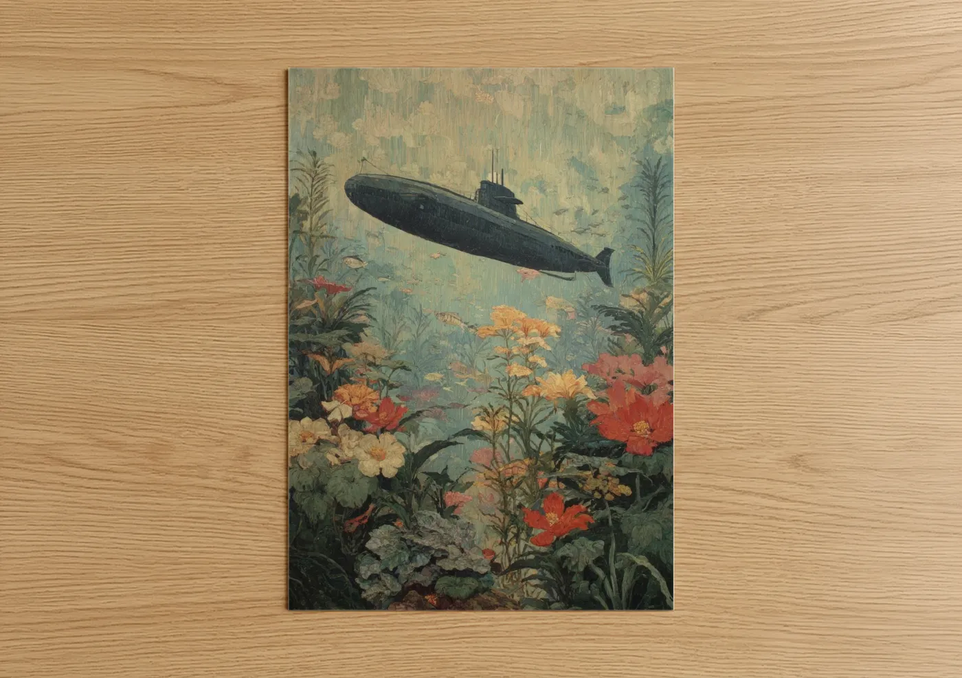 Art print on warm oak wood — teal and sage green palette — Underwater Submarine poster