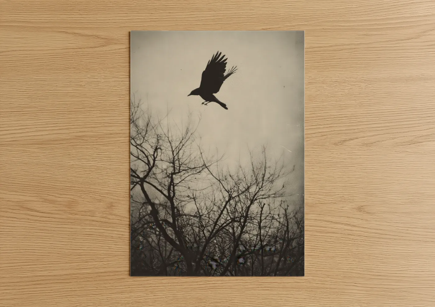 Crows and ravens art print on warm oak wood — black and white and gray palette — Ascending Raven poster