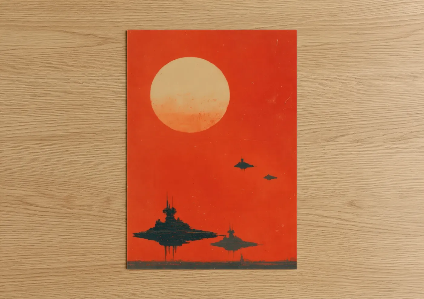 Extraterrestrial art print on warm oak wood — red and black palette — Crimson Invasion poster