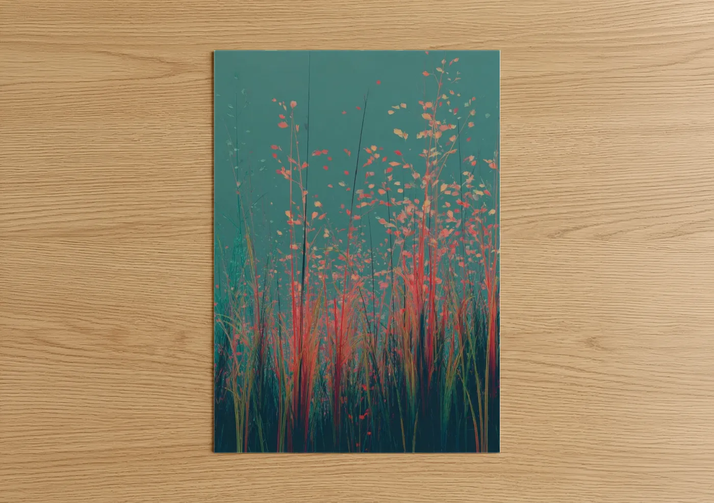 Leaf art print on warm oak wood — teal and red palette — Crimson Field Dreams poster