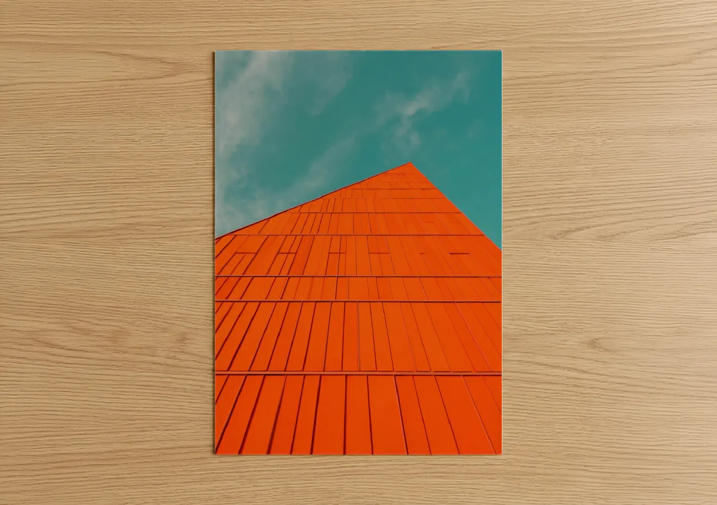 Abstract architecture art print on warm oak wood — orange and teal palette — Crimson Ascent poster