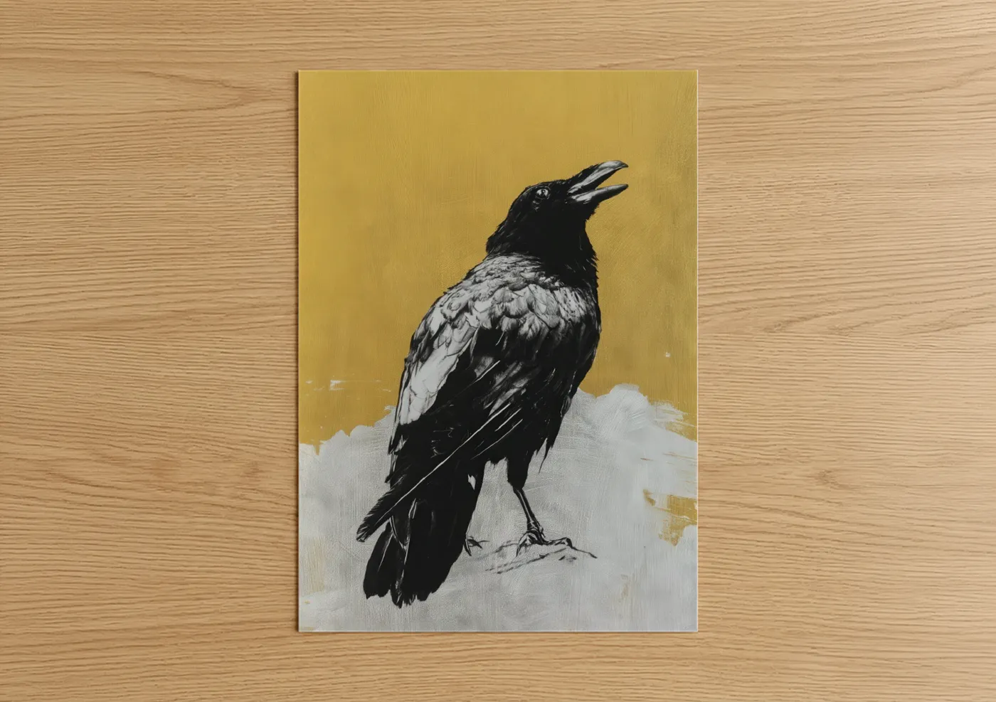 Crows and ravens art print on warm oak wood — gold and black and white palette — Golden Raven poster