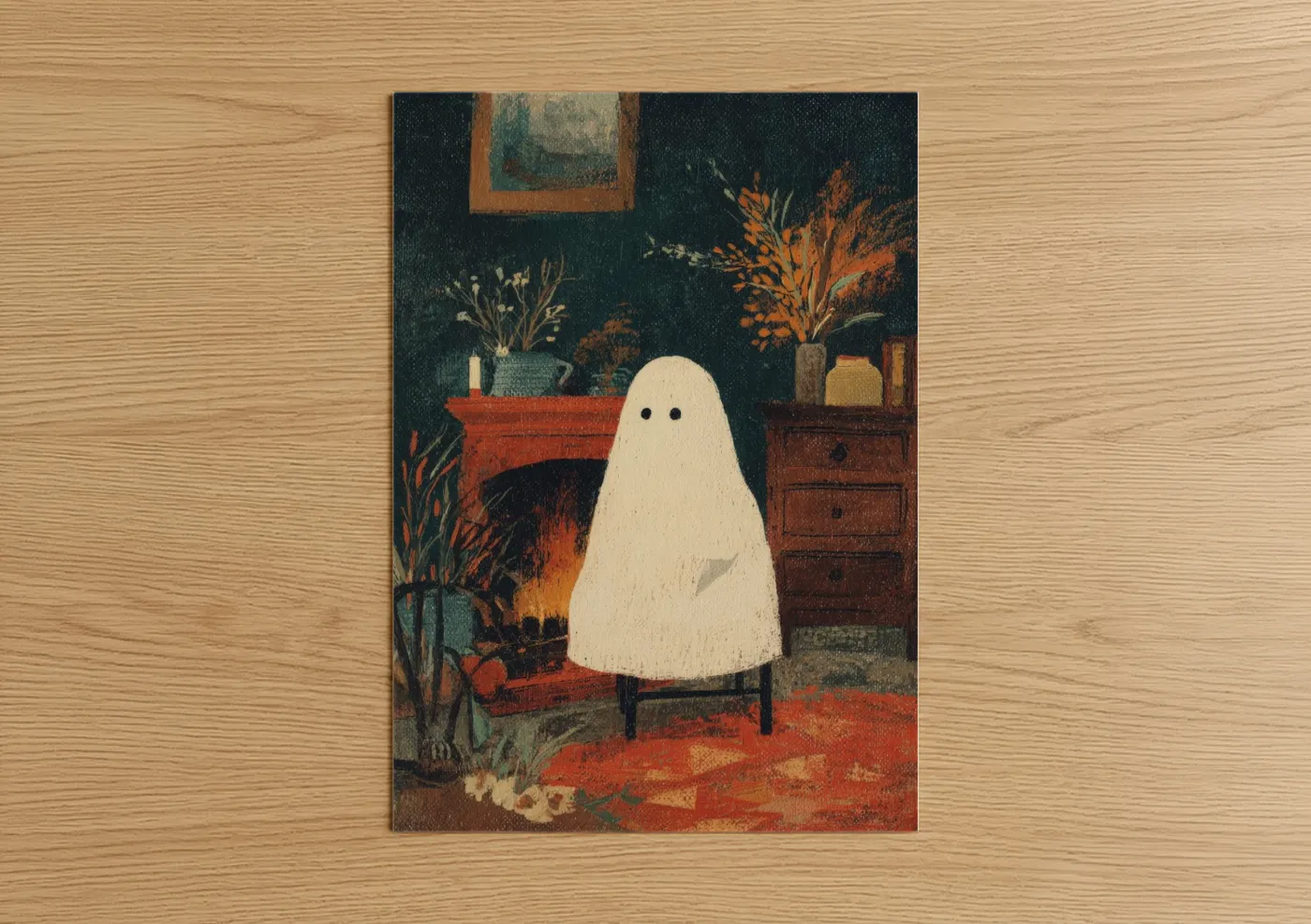 Art print on warm oak wood — cream palette — Cozy Ghost poster