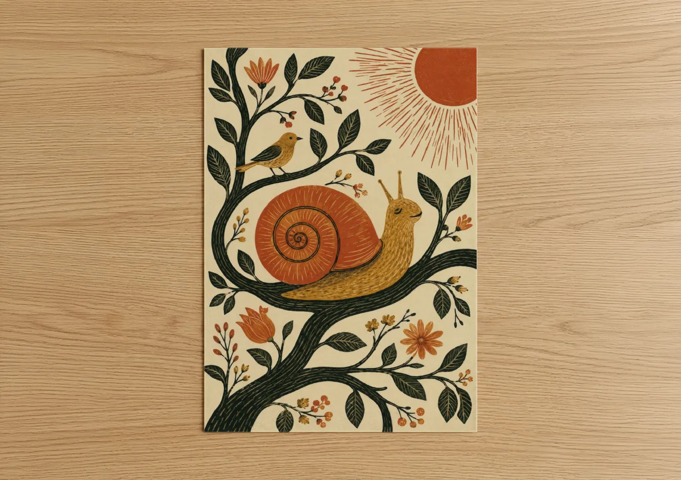 Art print on warm oak wood — orange and beige palette — Folk Art Snail and Bird Wall Art poster