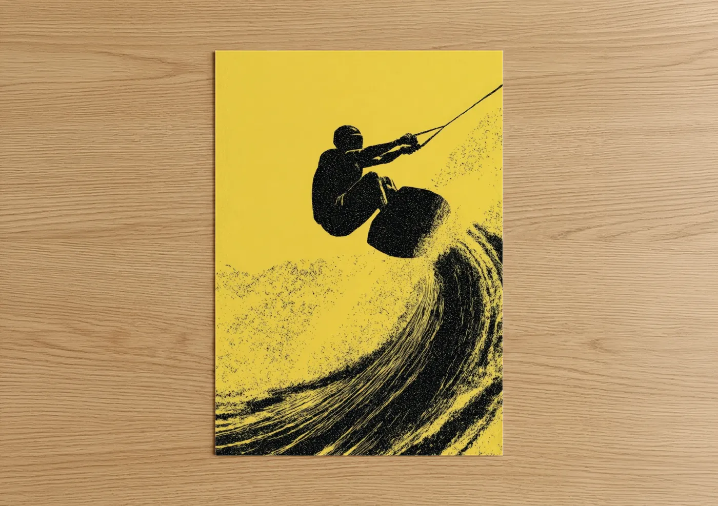 Wakeboarding art print on warm oak wood — yellow and black palette — Yellow Wave Wakeboarder poster
