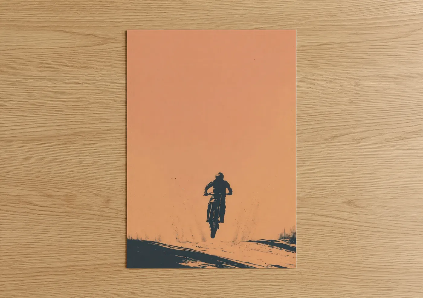 Art print on warm oak wood — orange and black palette — Desert Motocross poster
