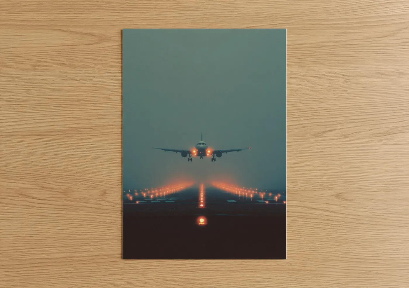 Commercial Plane Landing at Night Runway Wall Art