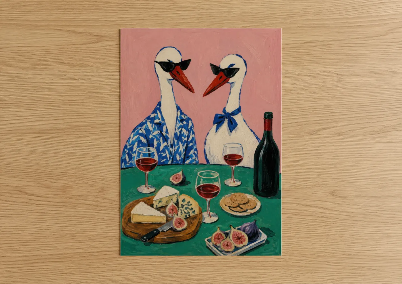 Art print on warm oak wood — pink and blue palette — Stylish Swans Wine Tasting Wall Art poster