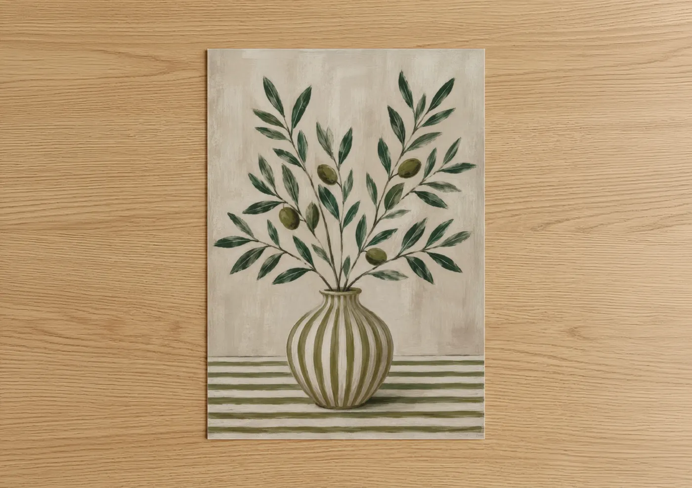 Olive tree art print on warm oak wood — olive and beige palette — Olive Branch in Striped Vase Wall Art poster