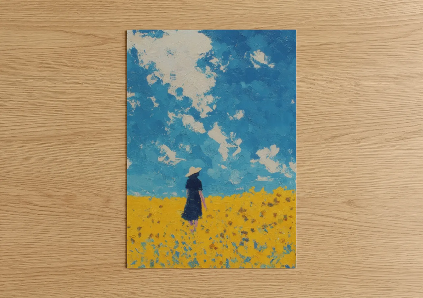 Girl in Sunflower Field Under Blue Sky Wall Art